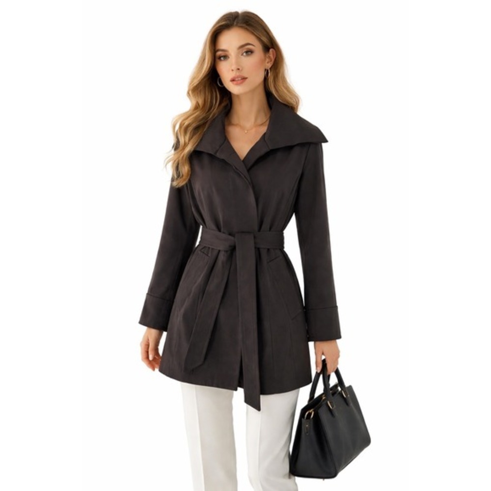 Jones New York Black Belted Trench Coat Portrait Collar M Preppy Academia‎ 89-34